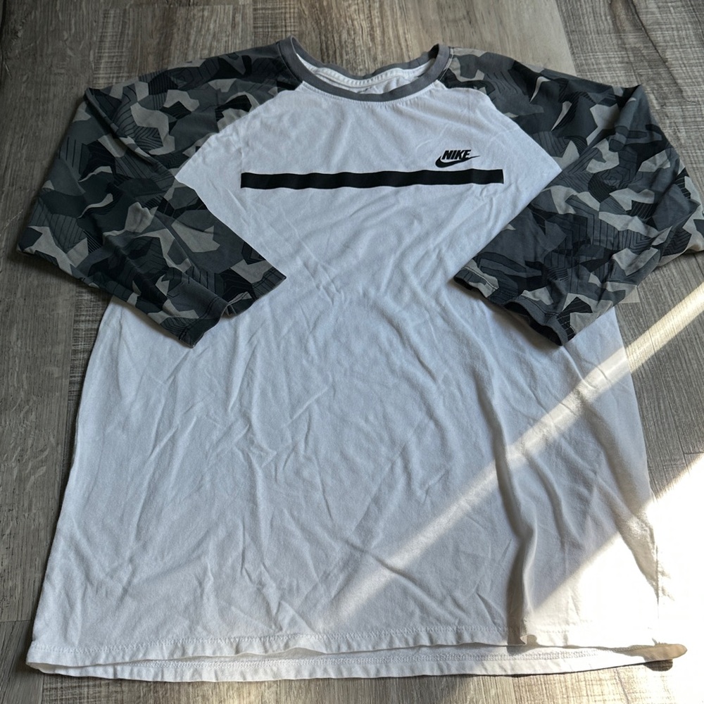 Nike Women’s White Shirt with Black Camo Sleeves